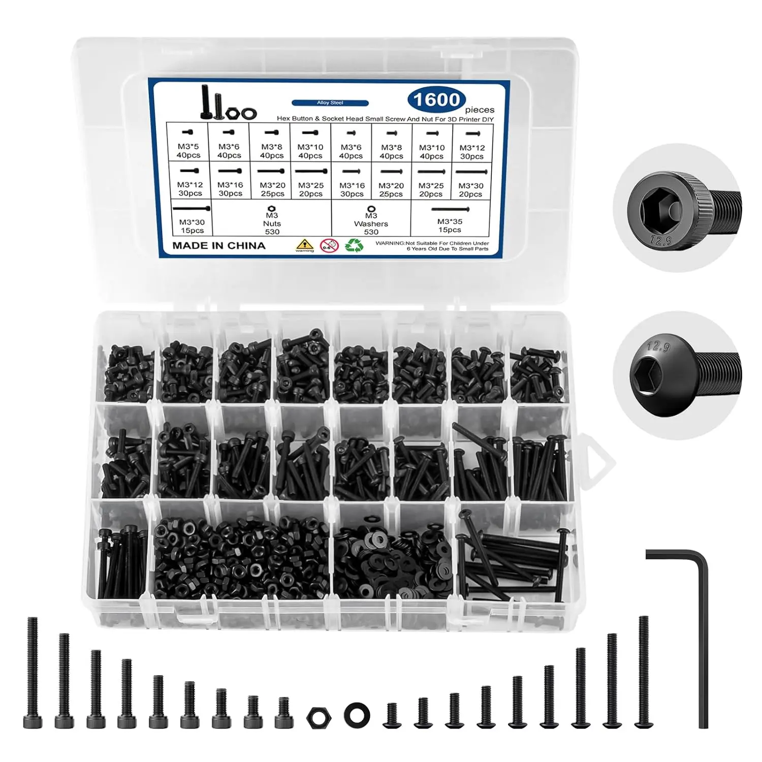 1600 count M3 Screw Kit, M3 Button  and Socket  Screws, Metric Machine Screw Assortment, 12.9 Grade Alloy Steel, Black Zinc Plated