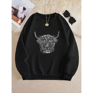 Autumn Winter New Women's High Western Round Neck Long Sleeve Fleece Pullover, Highland Cow Shirt, Loose Fit Sweatshirt, Gift Idea