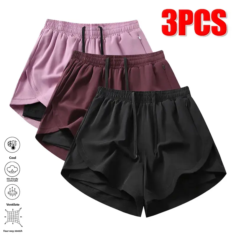 Women’s summer three-piece faux two-piece athletic shorts set, quick-drying breathable ice silk bottoms, anti-exposure design for running and fitness, women’s shorts set