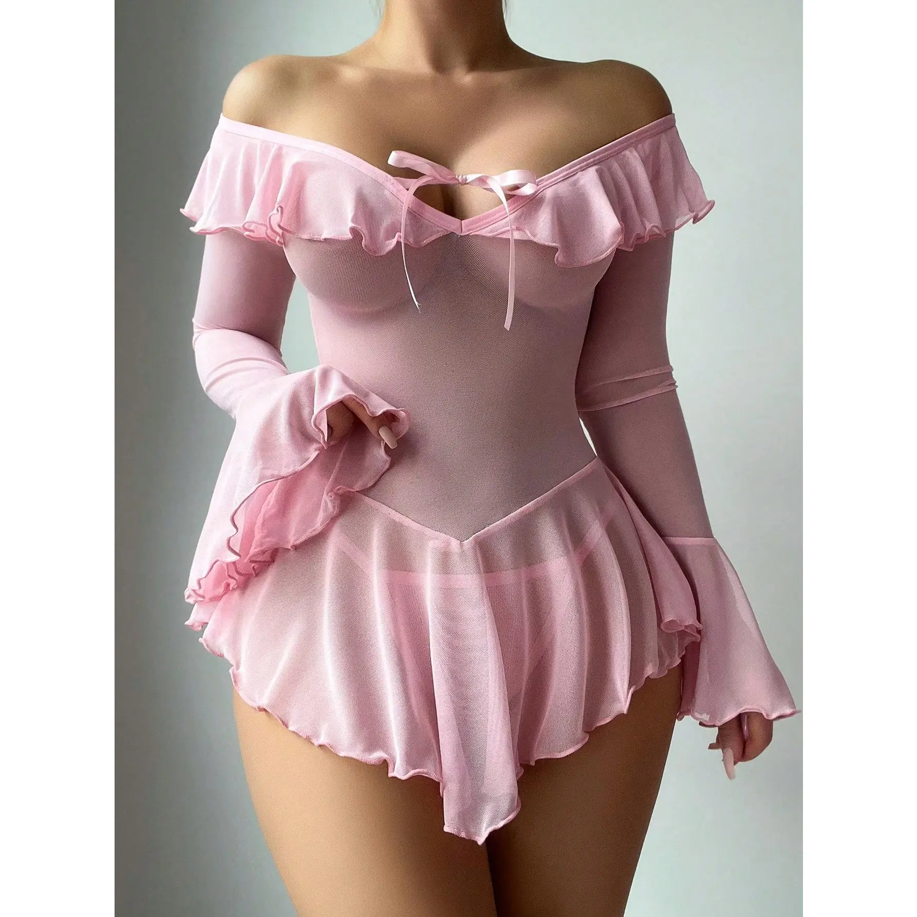 Women's 2-Piece Cute Long-Sleeve Elegant Off-Shoulder Mesh Panel Pleated Ruffle Loungewear Set - Adjustable Non-Transparent Silk Satin Bra, Short Panty, Curvy Peplum Nightwear for Romantic Evenings, Women's Lingerie, Lingerie For Women