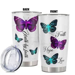 20oz Tumbler, 1 Count Stainless Steel Insulated Cup with Straw & Brush, Butterfly Pattern Drinking Cup for Home Office School, Drinkware