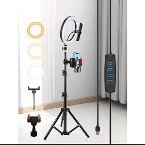 A 10 Inch LED Selfie Ring Light with 43 Inch Tripod and 2 Phone Holders, Adjustable Dimming Knob Control, USB Power Supply | Perfect for Makeup, Video Recording, Holiday Party Fill Light, Lighting LED Light with Flexible Tripod Stand & Phone Holder for Gi