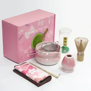 DIY Matcha Tea Set Japanese Tea Ceremony Kit Cherry Blossom Pink Ceramic Bowl with Bow Pattern Complete Bamboo Tea Tools: Chasen (Whisk), Scoop, Sifter & Whisk Stand Authentic Matcha Experience Traditional Tea Rituals Sakura Ceramic Matcha Whisk Set