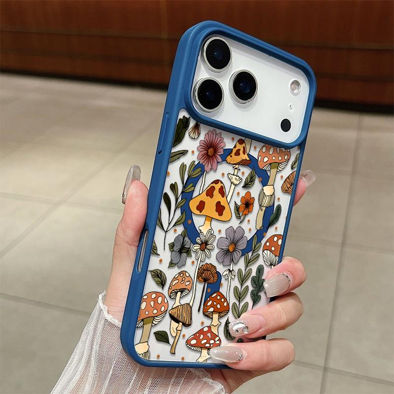 Mushroom & Wildflower Print Phone Case  Add A Touch Of Forest Charm & Playful Warmth To Your Daily Device Featuring Built-In Strong Magnet Ring Blending Smooth Macaron Texture With Secure Magsafe Compatibility For iPhone 17 16 15 14 13 12 11 X XS