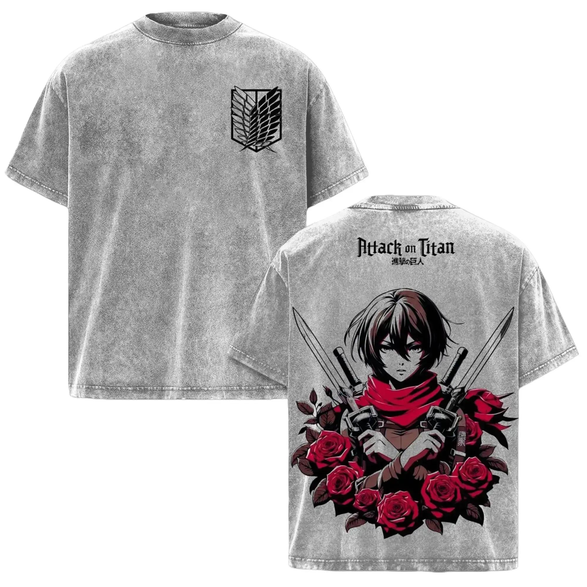 Men's Aesthetic Cotton Loose-Fit Crew Neck Short-Sleeve Casual T-Shirt - Retro Manga Washed Oversized Mikasa Ackerman Graphic Print Tee, Scout Regiment Warrior Gift for AOT Fans, Shortsleeve, Menswear
