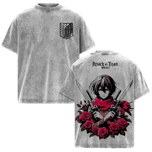 Unisex Mikasa Ackerman Vintage Washed Plain Anime Tee - Attack on Titan Oversized Graphic Top, Scout Regiment Warrior, Ackerman Bloodline Eren Protector, Dark Emotional AOT Streetwear, Retro Manga Aesthetic Fan Gift, Menswear T-shirt