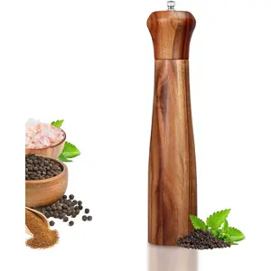 1 Pack 10 Inch Tall Acacia Wood Pepper Grinder or Salt Mill, Elegant Wooden Pepper Mill with Adjustable Ceramic Rotor, Easily Refillable Wood Salt Grinder for Kitchen