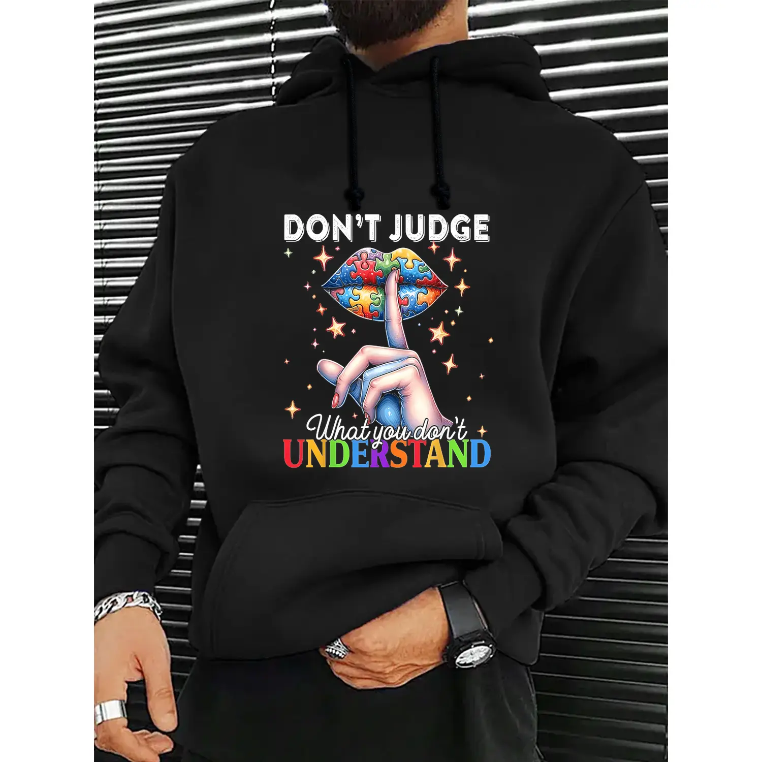 Autism Awareness Pullover Hoodie, Unisex 'Don't Judge' Bold Text Graphic Print, Basic Loose Fit Comfortable Long Sleeve Sweatshirt