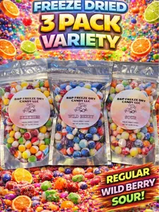 B&P Freeze Dry Candy LLC Variety 3 Pack crunches Bundle - Wild Berry 5oz, Regular 5oz, Sour 5oz Sweet Candies Snack Bonbon for Holiday Festivities