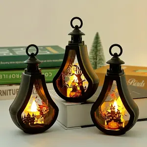 1Pcs Halloween Decorative Hanging Lamp, Water Drop Shape Witch Pumpkin Castle Design, Built-In Battery Long-Lasting, Halloween Atmosphere Creator
