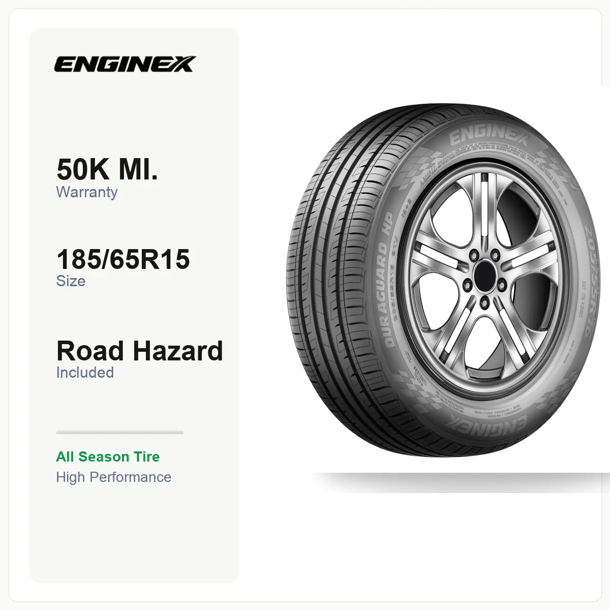 ENGINEX DURAGUARD HP 185/65R15 88H | All Season Tire, High Performance, SL Load Range, 50K Mile Warranty, Road Hazard, Fits select Hyundai Venue, For Sedan/Crossover/SUV