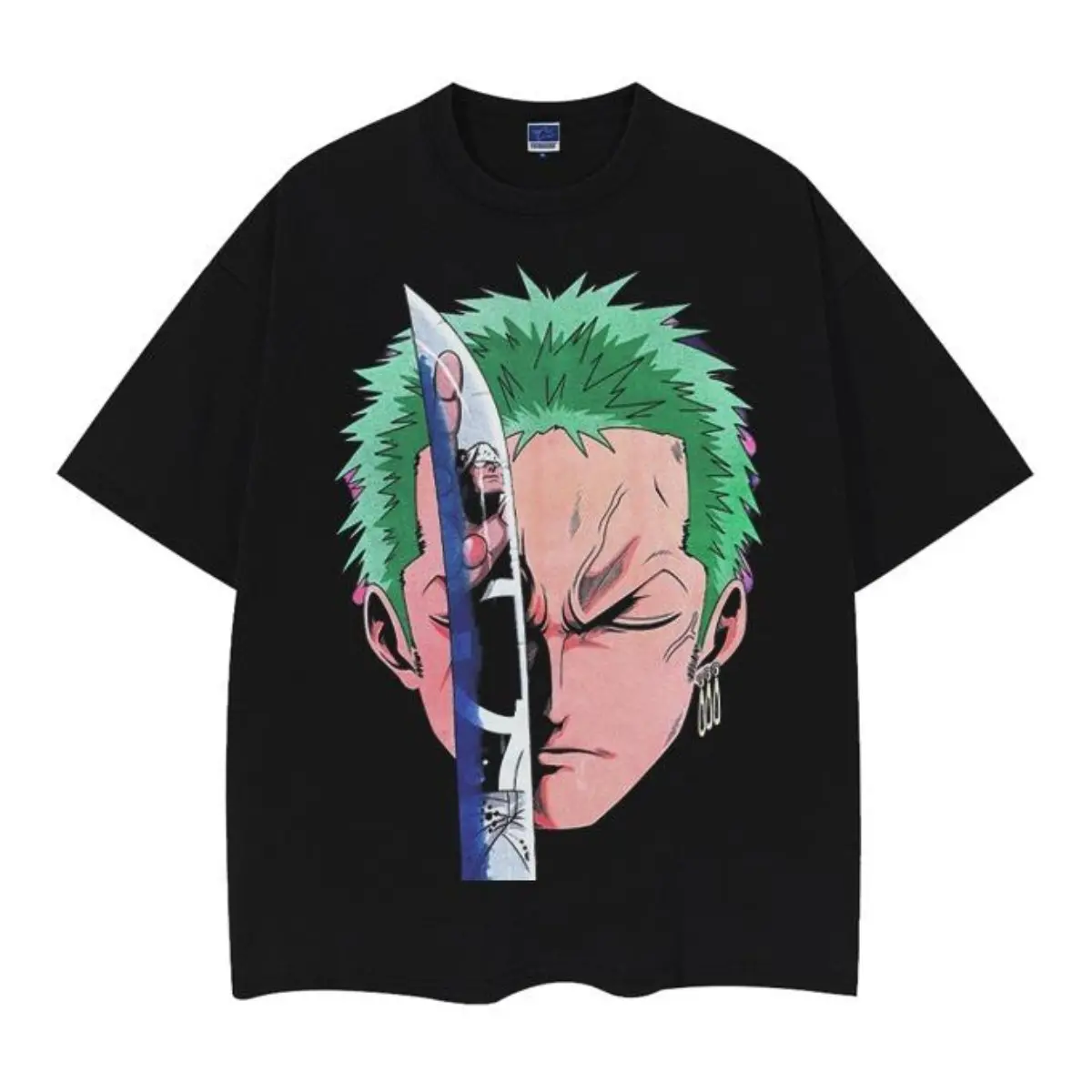Men's 100% Cotton OP "Zoro" Anime-Inspired Vintage Oversized Short-Sleeve Casual Round Neck T-Shirt, Streetwear Chic Casual Menswear Top