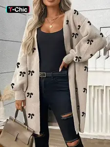 Autumn Winter New High-End Bow Pattern Knit Long Cardigan Sweater, Casual Versatile Outerwear, Elegant Lazy Style, Comfortable Color Block Design, Knitwear, Knitted Clothes