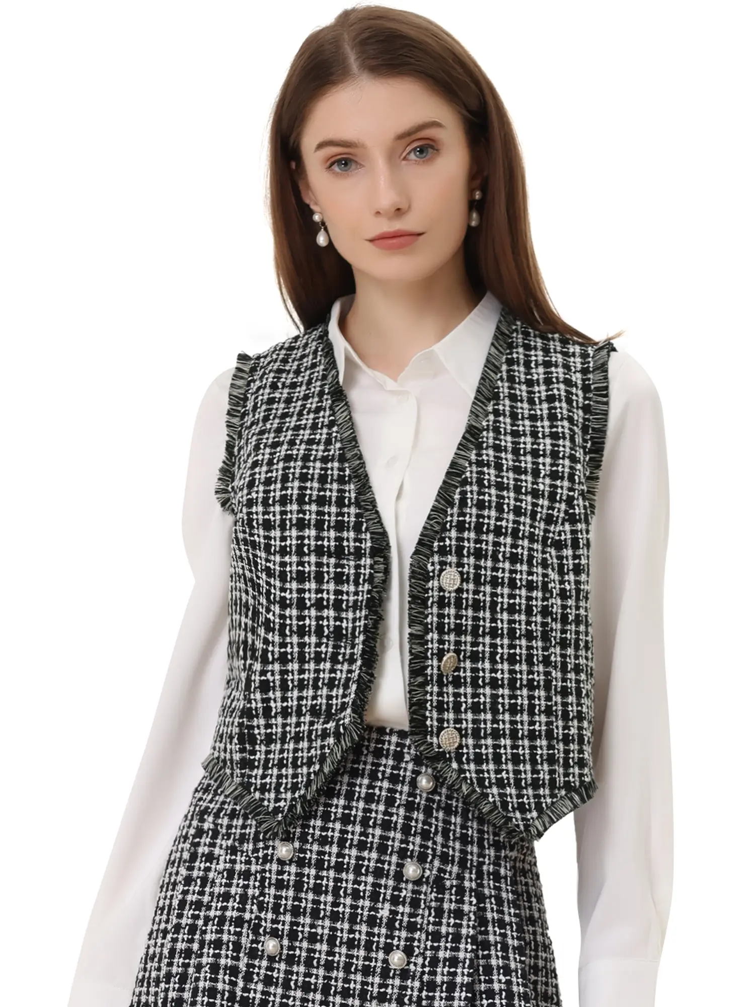 INSPIRE CHIC Elegant Chic Fringe Trim Tweed Suit Vest Plaid Waistcoat