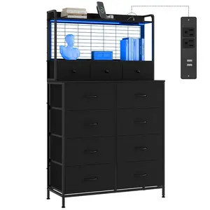11-Drawer Smart Storage Dresser, Integrated Power Hub with Wireless Charging, RGB LED Lighting, Industrial Rustic Style Living Room Bedroom Closet Organizer, Sturdy Steel Frame, Particleboard Construction
