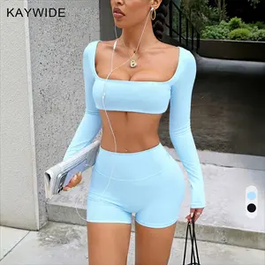 Women's solid color Square Neck Long-Sleeve Crop short Top & Shorts Yogo Set - Tracksuit Set Breathable Comfortable Yoga ,suitable for Gym Workouts, Casual Sports & Daily Streetwear ,gym outfits,Sweatpants,gym shorts.
