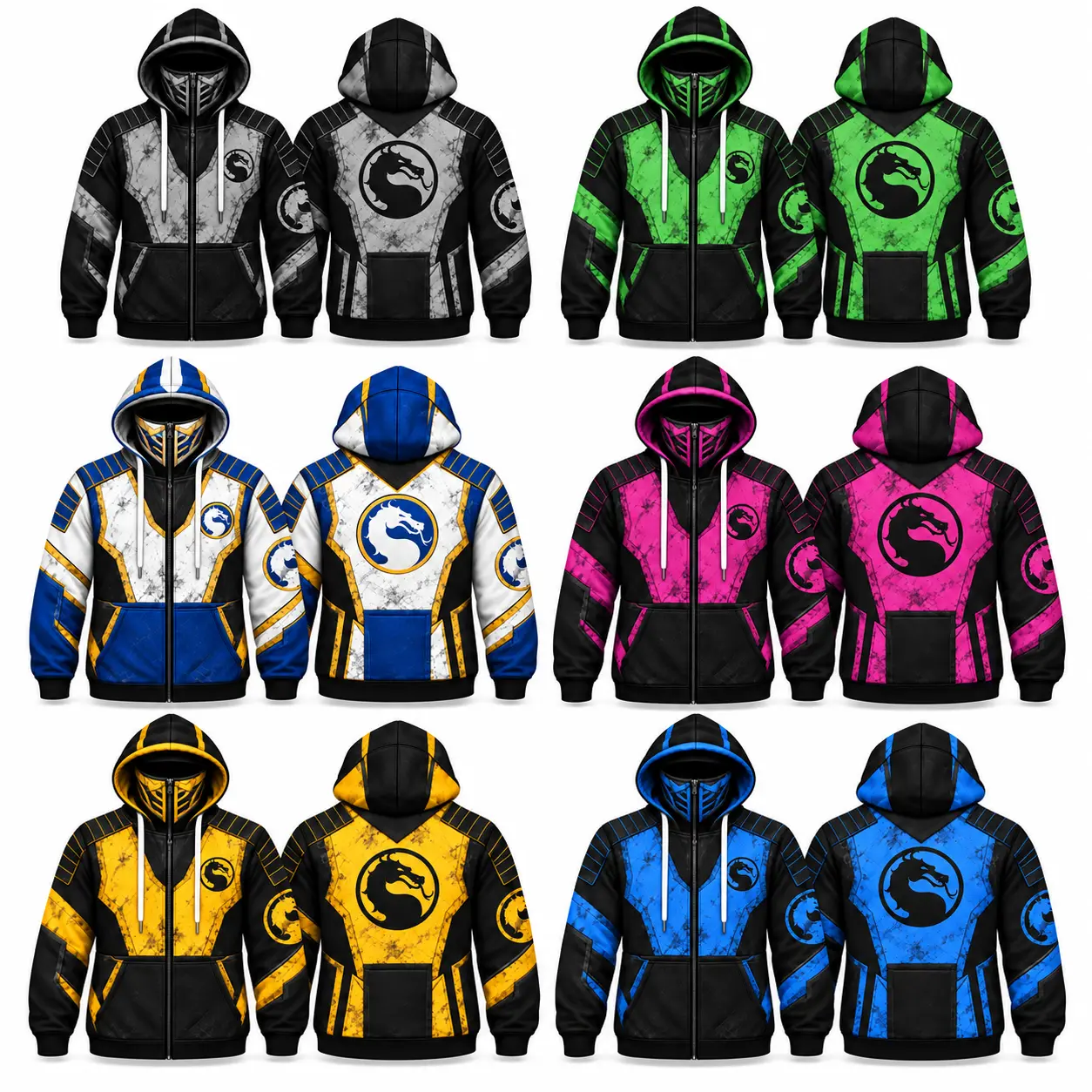 Mortal Kombat V1 Men’s Zip-Up Hoodie, Full Colors Ninja Armor & Flame Print Hooded Sweatshirt, Cosplay Gamer Gift