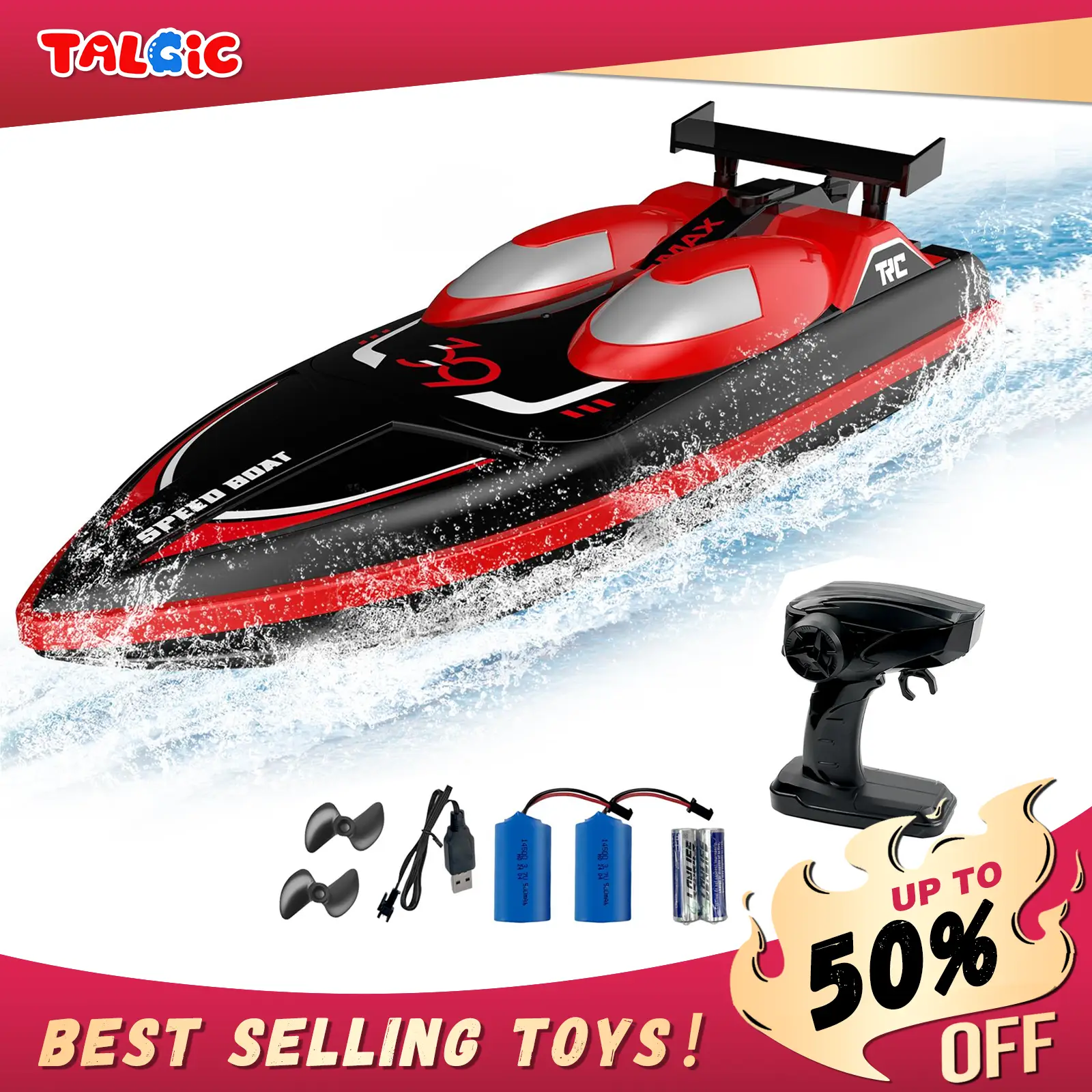 Talgic Remote Control Boat for Adults & Kids, Remote Control Boat for Pools & Lakes & River, Speed up to 10+ MPH, Self-Righting Design, 2 Batteries Sp