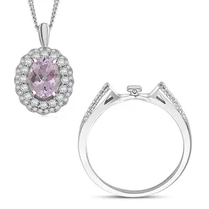Kunzite and White Zircon 2.55 ctw Interchangeable Double Halo Ring Size 7.00, Pendant Necklace 18 Inches in 18K Vermeil Rose Gold and Rhodium Plated Sterling Silver Birthday Christmas Gifts