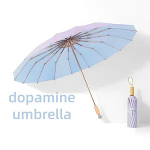 Dopamine Color Block 16-Rib Umbrella, Luxury Gold Frame, Double-Sided Contrast Design, High UV Protection Color Glue Coating, Ultra-Compact Foldable Rain and Sun Parasol, Hydrophobic Windproof, Wooden Handle Manual Open Rain Gear with Cover
