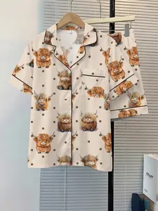 Women's Sleepwear 2-Piece Pajama Set, Cartoon Animal Pattern, Comfortable Night Home Wear, Fashion Soft Fabric, Casual Daily Use