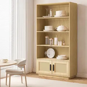 Natural Oak 5 Tier Boho Wooden Bookcase with Rattan Doors,Tall Open Shelf Book Stand with Storage for Living Room,Bedroom,Home Office,and Kitchen