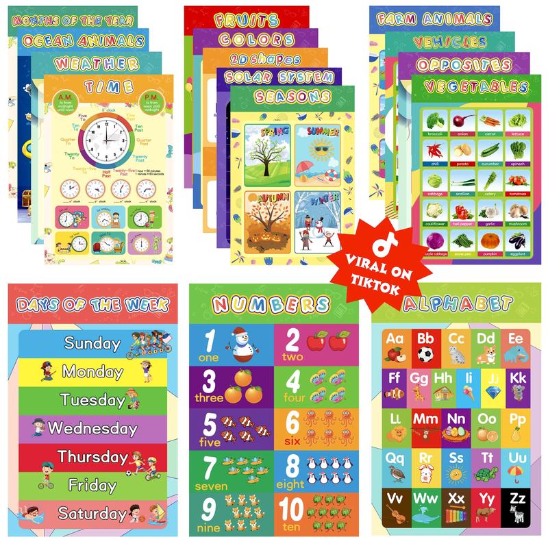16 Boho Educational Posters for Toddlers Classroom and Teacher Decor for Kids, Perfect for Ages 1-5, Ideal for Elementary and Boho-Themed Rooms.