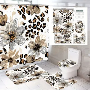 1/4pcs Leopard - Floral Bathroom Set with Shower Curtain Sets, Bath Mats & Toilet Cover - White Gray Gold Black Pattern, Perfect for Spring Decor, Easter, Valentine's Day, Mother's Day, Festive Home Bathroom Accessories, Bathroom Decoration Accessories