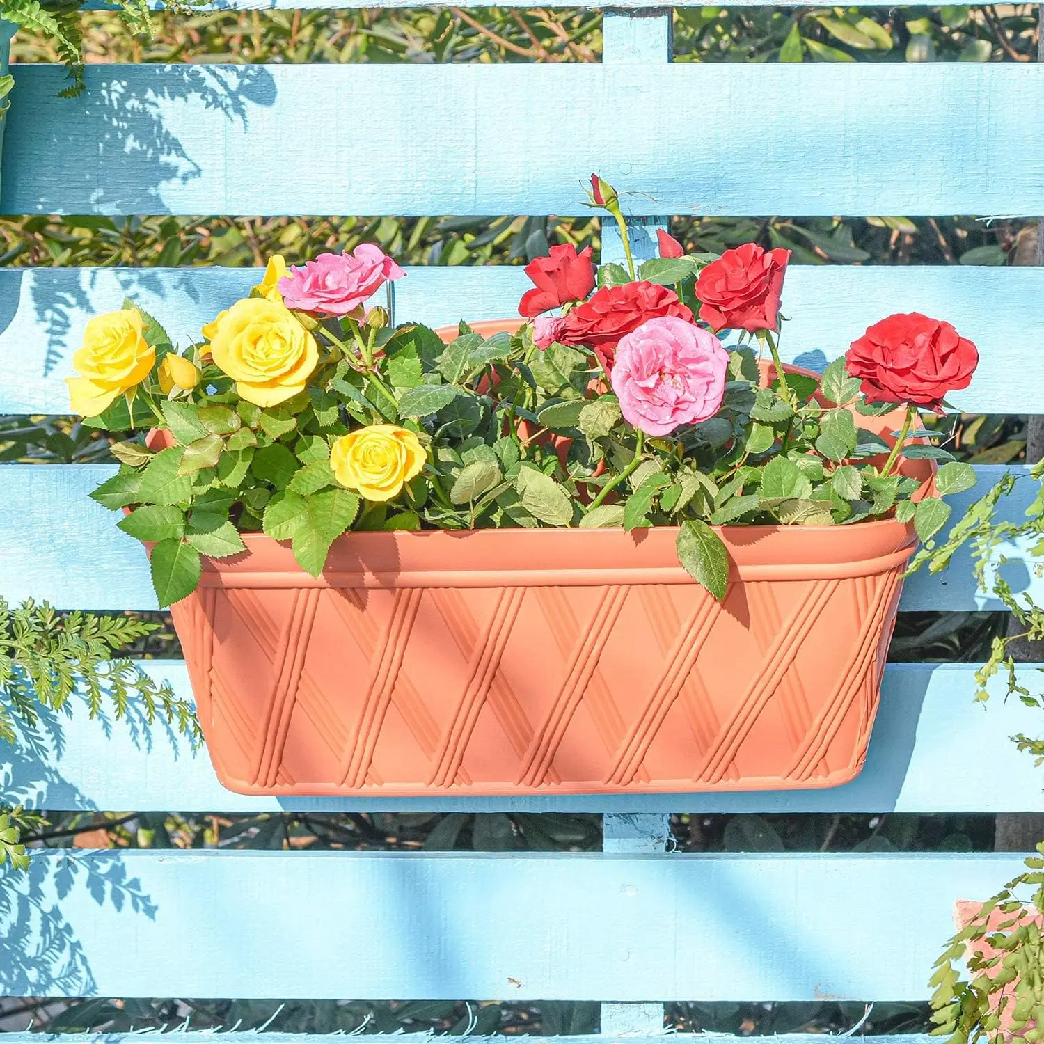 3-Pack Large Terracotta Synthetic Wall Hanging Planters (17.1inL×6.9inW×8.7inH) with Drain Plug, 16.5in Railing Fence Hanging Baskets, Thick Plastic Independent Water Storage Pots (1.1L), Balcony Gardening Indoor Outdoor Decor