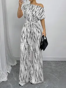 Elegant Geometric Print Women's Jumpsuit, Slim Fit One-Shoulder Waist Belt Design, Casual Home Wear for All Seasons, Womenswear