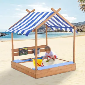 Lonor Sandbox with Roof, 49'' Kids Large Wooden Sand Box with Liner, Drawing Board, Sink, House Design, Sand Box for Backyard Garden Beach & Sand Pit