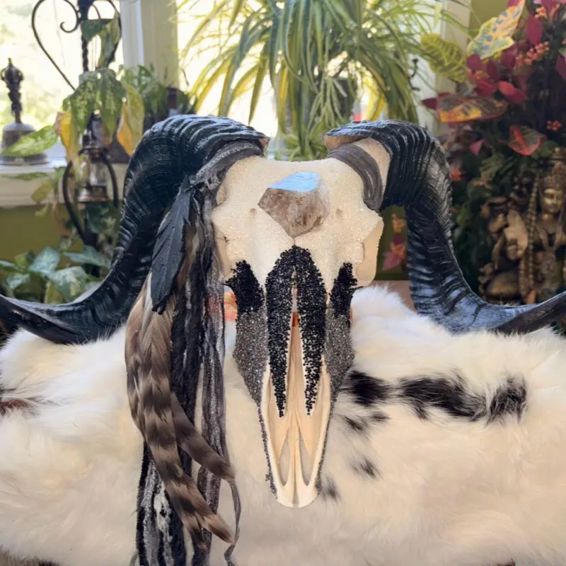 Swarovski Encrusted Ram Skull - Elegant Design with Swarovski Crystals for a Unique Look, ethically sourced hand made by me! Real feathers, fibers & leather feather w/ Huge Herkimer Diamond