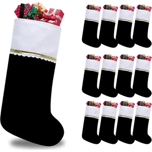 12 Pack Felt Christmas Stockings, 19 Inches Black and White Hanging Ornaments with Gold Trim for Family Christmas Holiday Decorations DIY Craft Large Xmas Stocking