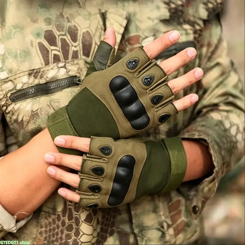 Adults' No-Slip Unisex Outdoor Fingerless Tactical Gloves - Breathable Hard Shell Knuckle Guard, Shock-Resistant, Adjustable Wrist Strap for Airsoft Shooting, Motorcycling, Hiking, Anti-Slip Palm, Ambidextrous