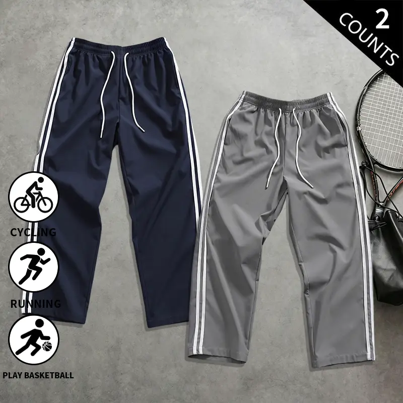 2-Pack Men’s Casual Track Pants, Quick-Dry, Elastic Waist, Athletic Pants with Side Stripes for Running and Basketball