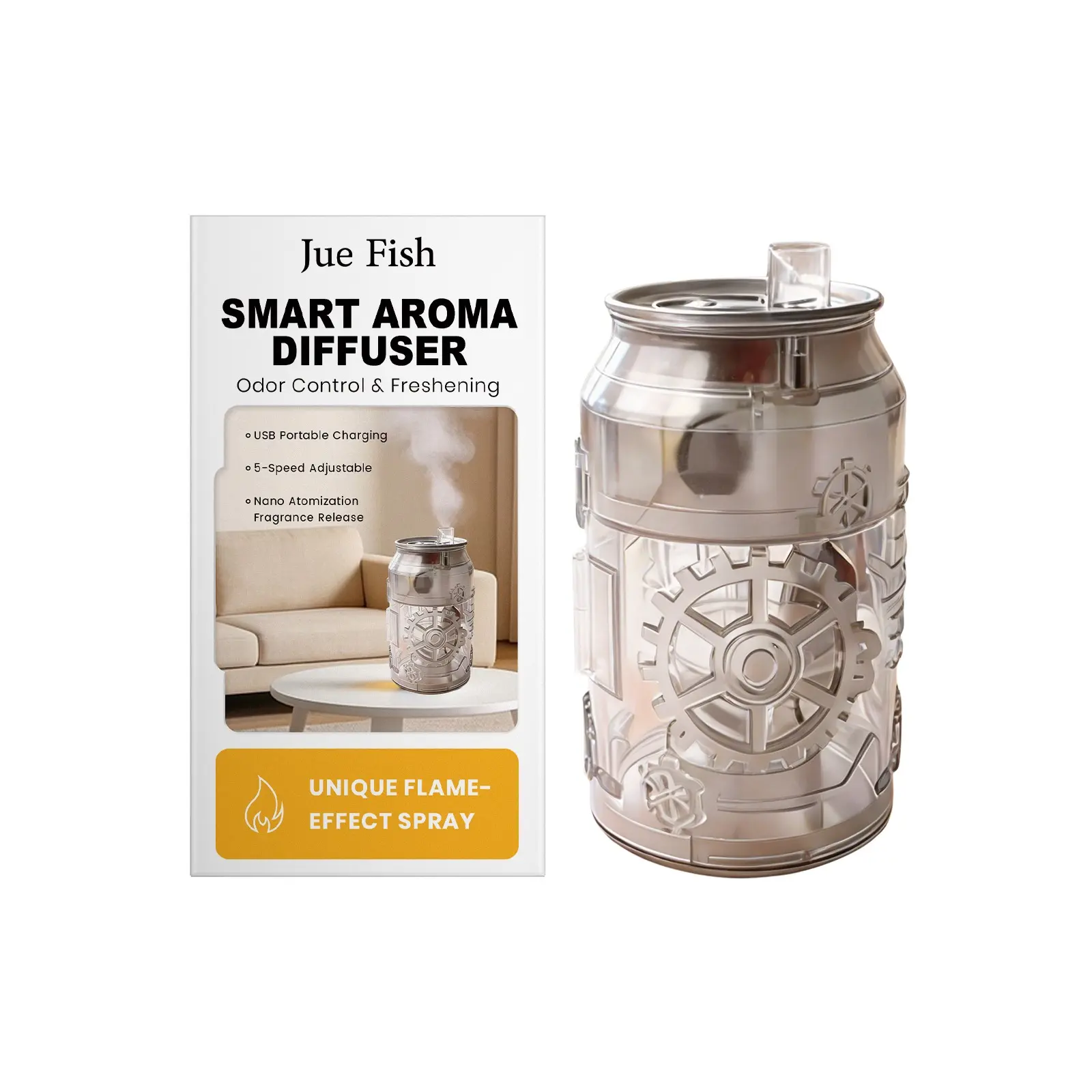 Jue Fish Can-shaped Smart Aroma Diffuser (Transparent Black), Air Purifying Long-lasting Fragrance for Bedroom