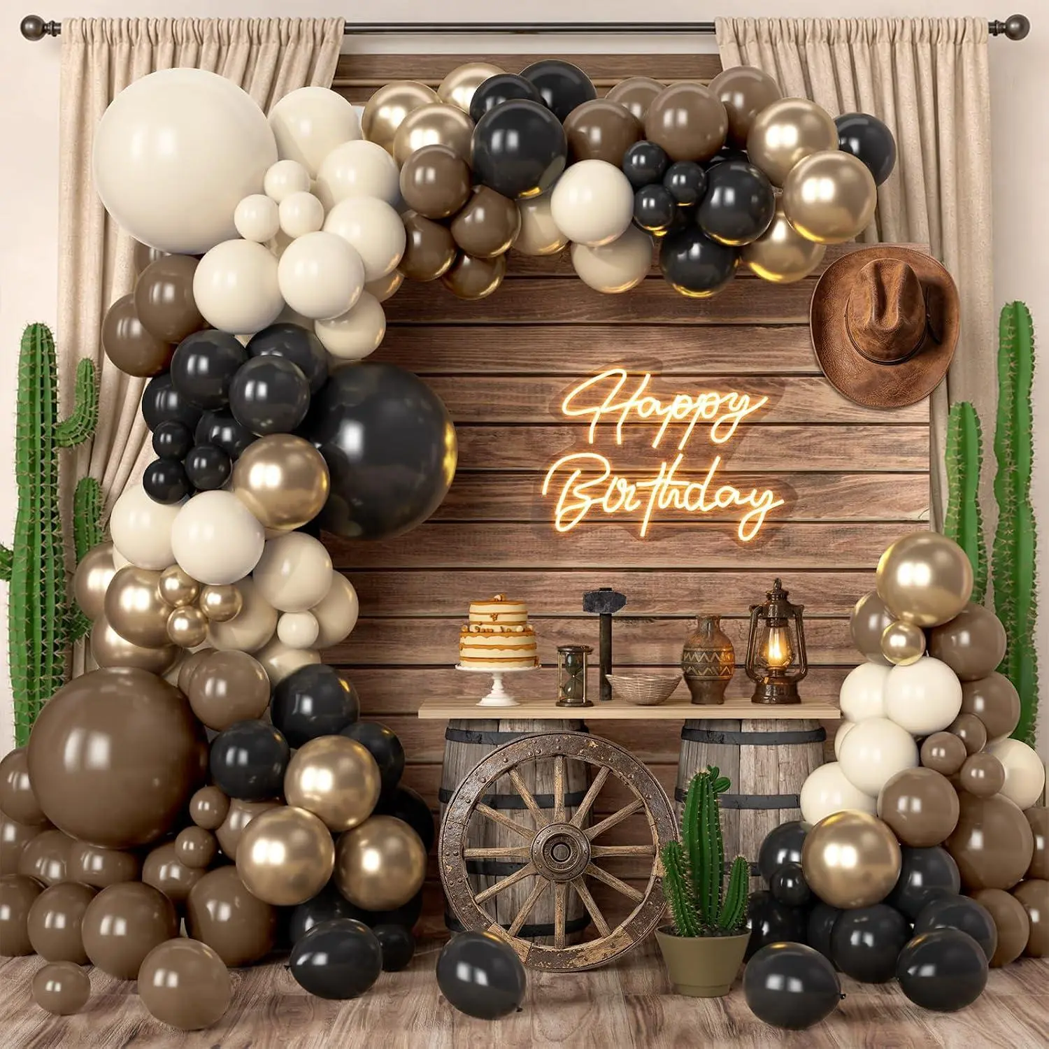 Brown Black Balloon Garland Arch Kit, 148Pcs Western Themed Party Decor For Cowboy Wild West Country First Rodeo Farm Birthday Baby Shower Party Decorations With Dark Brown Black Gold White Balloons