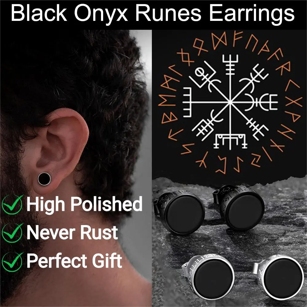 PROSTEEEL Black Onyx Stud Earrings with Viking Runes For Men Women