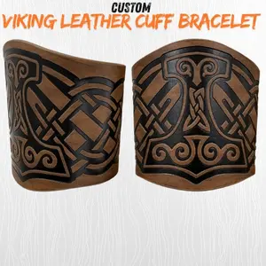 Custom Viking Leather Cuff Bracelet - 2 PCS Norse Retro Wristband with Nordic Mjolnir Vegvisir Pattern Bangle for Stylish Wear Adjustable One Size Fits All