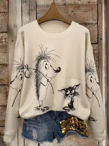 Women's Full Print Long Sleeve Round Neck Lightweight Sweater Knitwear, Fashionable Casual Elegance, Ultra HD Hedgehog & Cat Pattern, All Seasons
