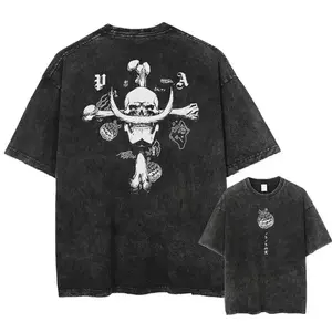One Piece Kaido Skull Double Sided Vintage Washed Oversized T-Shirt, Devil Fruit Front Back Graphic Cotton Short Sleeve Tee, Gothic Pirate Anime Streetwear Top, Unisex Casual OP Fan Merch Gift For Men Women