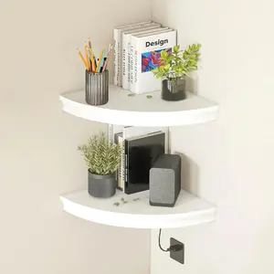 Floating Corner Shelf Invisible Wall Mounted Shelves Radial Shape Cable Wire Hole Pattern Perfect for Bedroom Bathroom Living Room Kitchen Set of 2 White