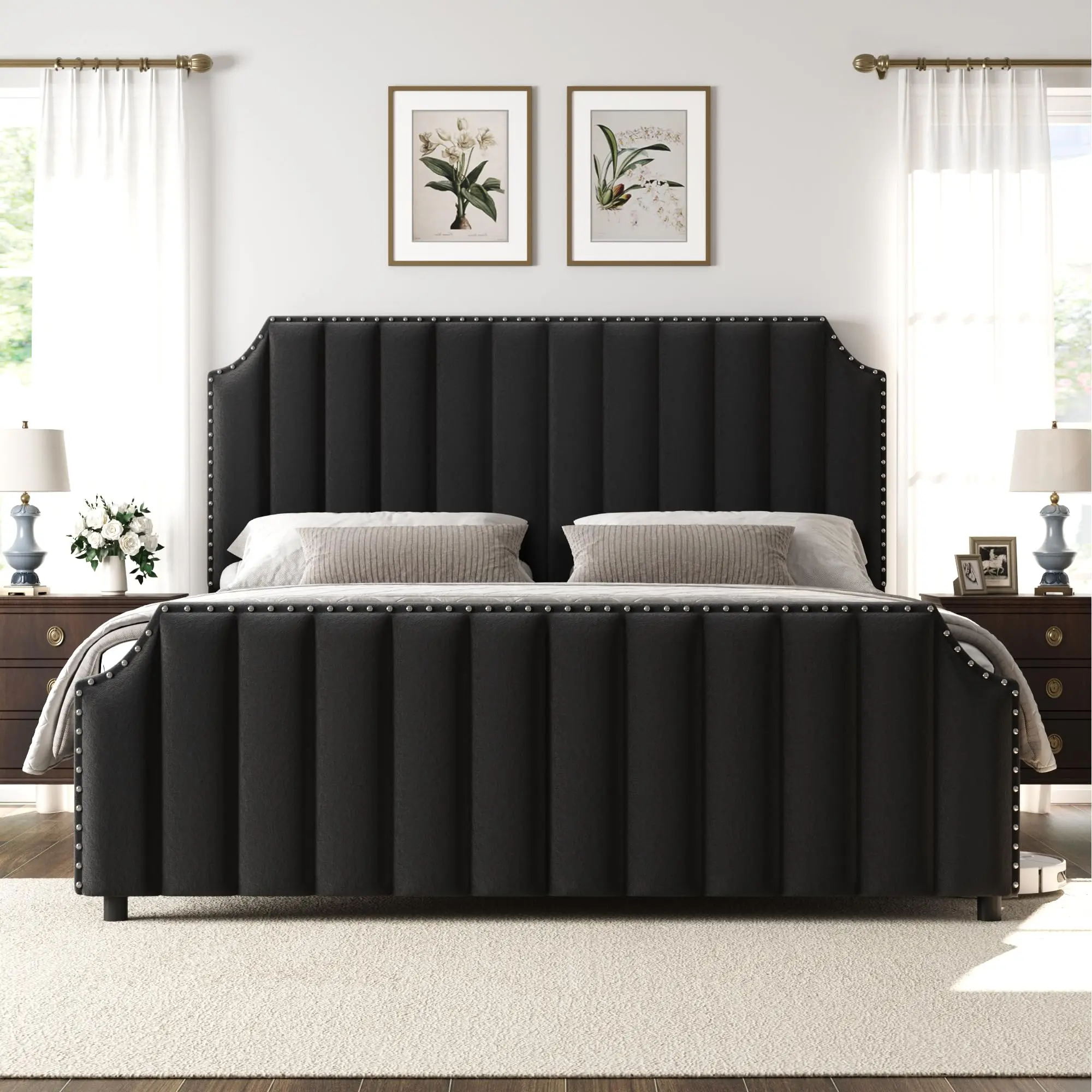 Queen Size Modern Platform Bed - 50.2 in Built-in Velvet Upholstered Headboard, Vertical Channel Tufted Footboard, Nailhead Trim, No Box Spring Needed, Black Furniture Bed Frame, Upholstered Bed Frames