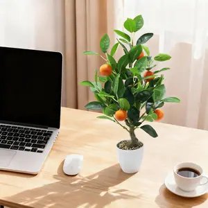 2 Pcs 20 Inch Artificial Orange Tree – Faux Citrus Plant with White Pot for Office Desk, Home Living Room, Kitchen Table & Indoor Decor
