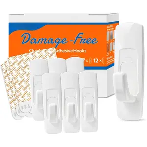 5lbs Adhesive Wall Hooks, -Free Removable  Hooks for Walls, Heavy Duty Utility Hooks, White Plastic Stick  Hooks for  (7 Hooks 12 Strips)