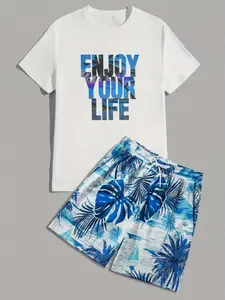 Men's Tropical Coconut Tree Print 2-Piece Matching Set, Menswear Casual Short Sleeve T-Shirt and Shorts, Fitted Summer for Relaxed Days, Outfit