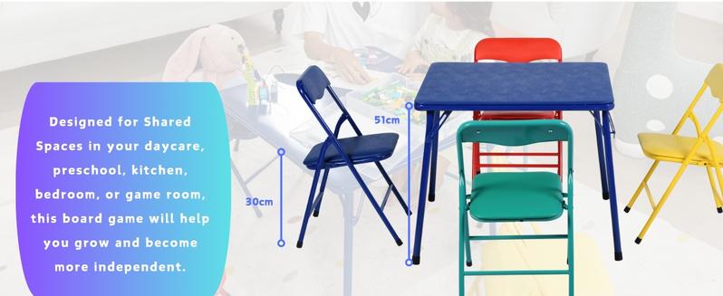 Homy Casa Page Foldable Kids Table and Chairs Set 5-Piece - Blue Table & Colorful Chairs for Arts Crafts Snacks Learning Daycare Preschool Furniture Easy Clean TikTok Popular Dining Wood