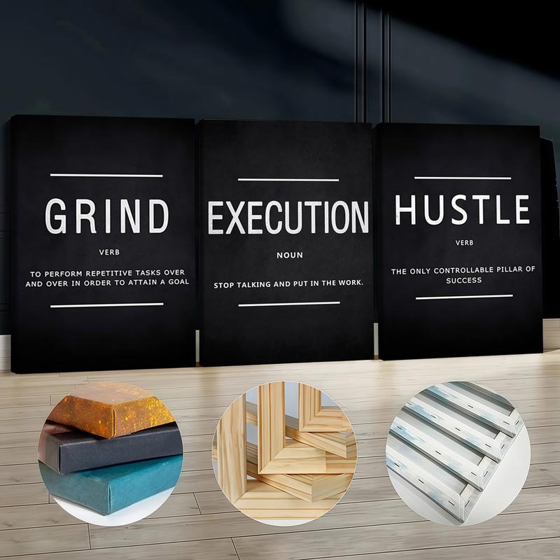 3pcs Wooden Framed Canvas Wall Art, GRIND, EXECUTION, HUSTLE Modern Classic Art Deco Style, Waterproof & Odorless HD 8K Print, Indoor/Outdoor Home Decor for Living Room, Bedroom, Office - Perfect Gift for Friends & Family