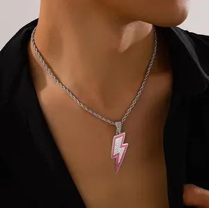 Iced Pink Lightning Bolt Pendant Rope Chain Necklace