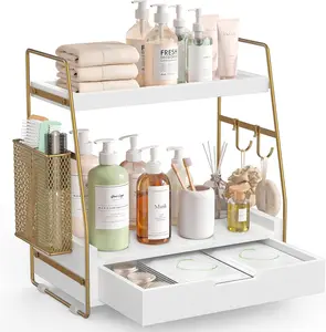 2-Tier Bathroom Counter Organizer with Drawer & Removable Basket, Wood & Metal Vanity Storage Shelf for Skincare, Makeup, Perfume, Toiletries, 13'' White Gold Small Bathroom Counter Organizer